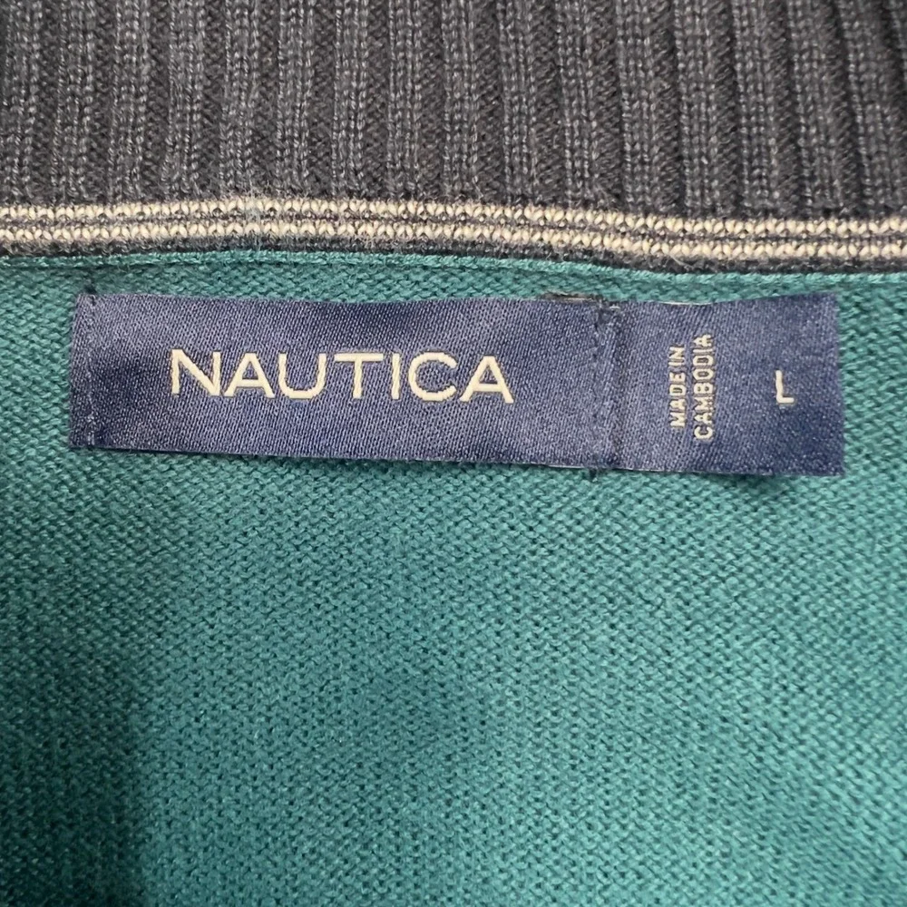 Nautica Sweater Mens Large Teal‎ Blue Cotton Viscose Blend Quarter Zip Pullover